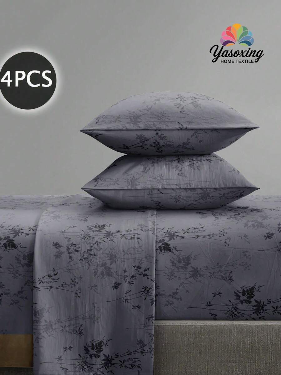 4Pcs Black Bamboo Garden Flower Pattern Sheet Set Bedding Set, 1pc Fitted Sheet & 1pc Flat Sheet& 2pcs Pillowcase Bedding Mattress Protector Set (Not Including Pillow Core)Luxury Fitted Sheet Set King Queen Full TWIN SIZE Sheet Deep Pocket Up To 11.8 Inch Pillowcase, Soft Breathable Wrinkle-Free Better For Sleep, Luxury Hotel Style, Gift For Mom Dad Friend