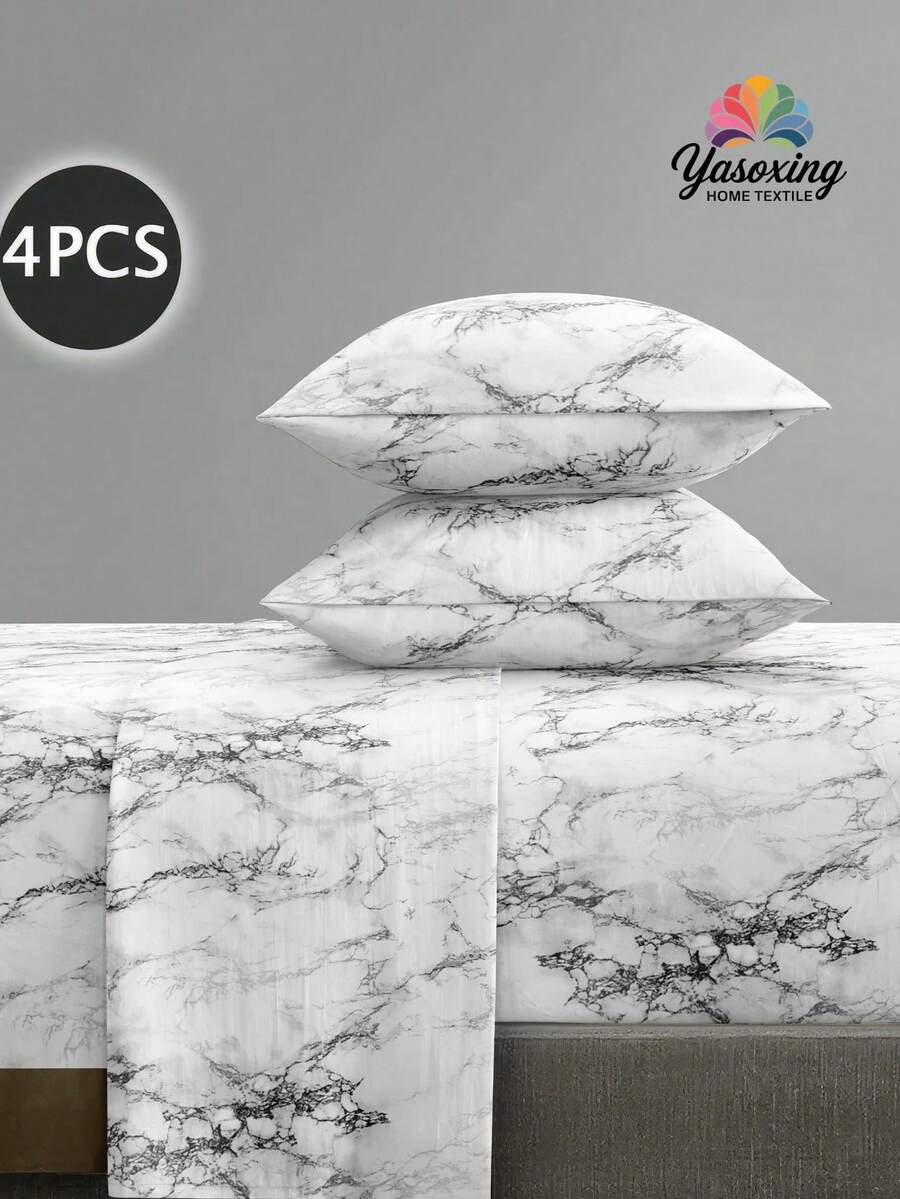 4Pcs Gray White Marble Pattern Sheet Set Bedding Set, 1pc Fitted Sheet & 1pc Flat Sheet& 2pcs Pillowcase Bedding Mattress Protector Set (Not Including Pillow Core)Luxury Fitted Sheet Set King Queen Full TWIN SIZE Sheet Deep Pocket Up To 11.8 Inch Pillowcase, Soft Breathable Wrinkle-Free Better For Sleep, Luxury Hotel Style, Gift For Mom Dad Friend Domitory Bedding Back School Bedding - White - View 1