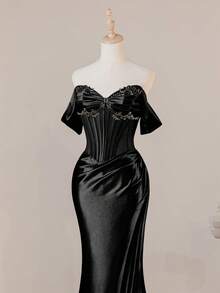 Chic Charming Off Shoulder Corset Sexy Split Thigh Prom Mermaid Evening Dress For Women, Elegant Wedding Black Spring Party - Black - View 6