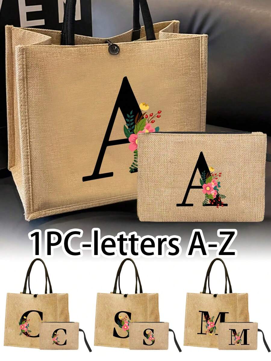 1个花卉字母印花亚麻手提袋/化妆包,带提手,多功能便携教师手提袋,教师节亚麻袋 - 彩色 - 查看 1