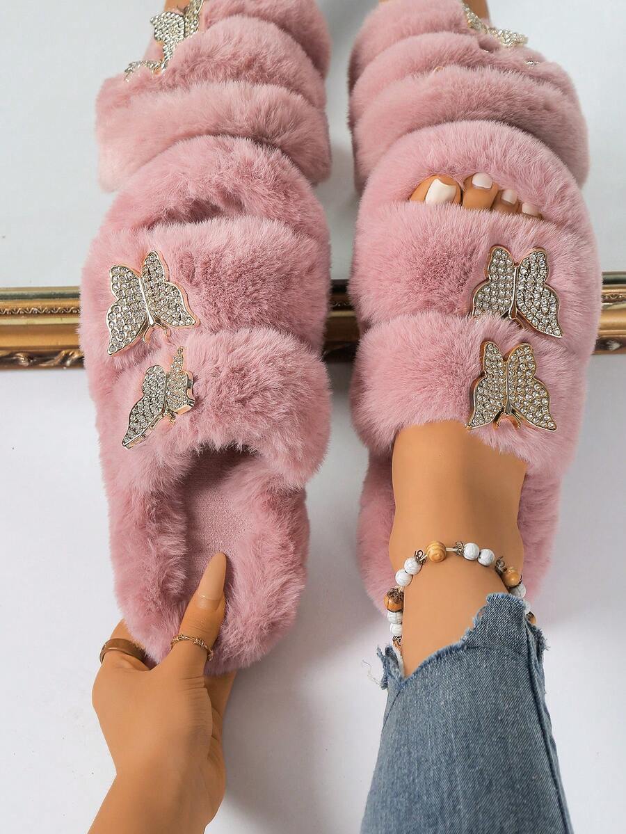 Dép đế xuồng hở mũi bằng vải nhung cho nữ, dép đi trong nhà mềm mại, chống trượt, dép đi trong nhà, dép bông có nơ và đá trang trí - Hồng - Xem 1