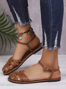 Gorgeous Flat Slide Sandals For Women, New Summer Closed Toe Slip-On Shoes, Fashionable Caged Sandals & Roman Sandals - Brown - View 5