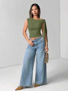Elegant Suplex T-Shirt Top With Asymmetrical Shoulders And Straps, Ideal For Daily Use, Outings, Nightclubs, Parties, Halloween Costumes - 軍綠色 - 查看 2