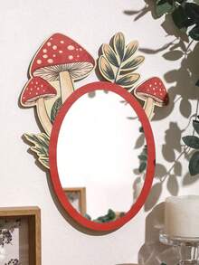 1pc Oval Wall Mirror With Mushroom Theme Decor. The Mirror Frame Is Adorned With Charming Mushroom And Leaf Patterns. Ideal For Bedroom, Living Room, Hallway Or Any Space That Needs A Decorative Mirror, Perfect For Home Decor, Room Decor, And Bedroom Decor. - Multicolor - View 4