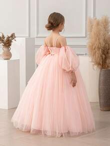 少女泡泡袖细肩带蝴蝶结装饰网眼公主裙，适合生日派对、花童、婚礼、舞会、节日场合