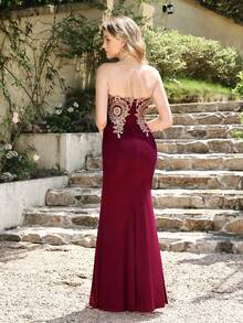 MisShow Women's Lace Applique Long Formal Mermaid Evening Prom Dresses - 酒紅色 - 查看 5