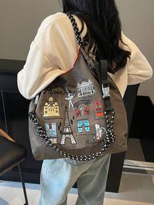 女士手提包，大容量防水帆布刺绣托特包，个性化图案便携式单肩托特包，时尚女士包包 - 灰色 - 查看 2