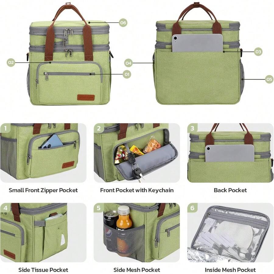 Maelstrom 23L Insulated Lunch Box For Men Women,Expandable Double Deck Lunch Cooler Bag,Lightweight Leakproof Tote Bag With Side Tissue Pocket,Gray