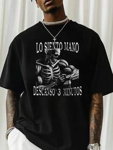 Camiseta Lo Siento Mano con Diseño de Esqueleto Musculoso, Estilo Urbano y Atrevido para Amantes del Fitness y la Cultura Streetwear, Ideal para Entrenamientos y Eventos Sociales,  en Moda Masculina - Negro - Ver 2