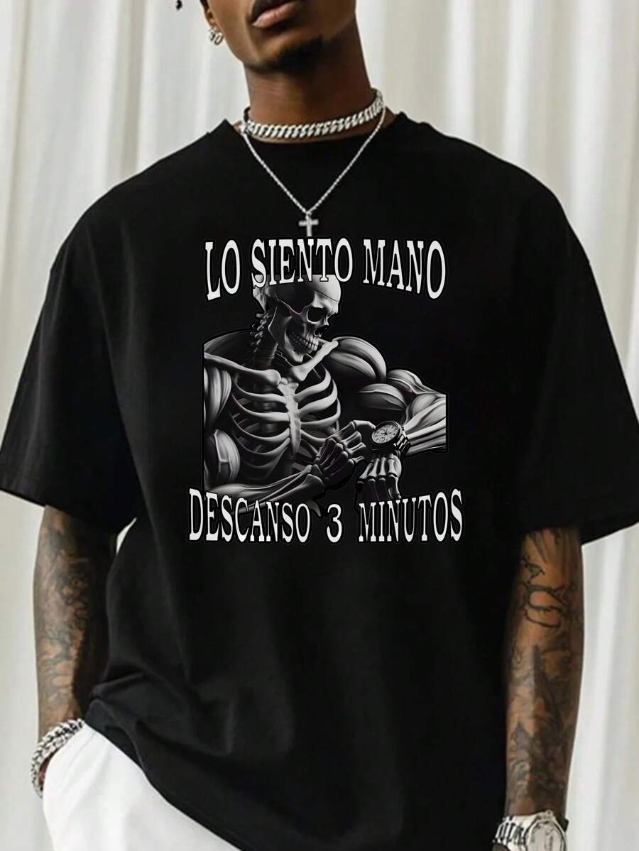Camiseta Lo Siento Mano con Diseño de Esqueleto Musculoso, Estilo Urbano y Atrevido para Amantes del Fitness y la Cultura Streetwear, Ideal para Entrenamientos y Eventos Sociales,  en Moda Masculina