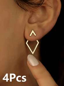 1/2 对简约几何镂空钻石形前后耳环，耳环设计有两种佩戴方式，独特的钻石形耳夹，适合女性 - 金色 - 查看 5