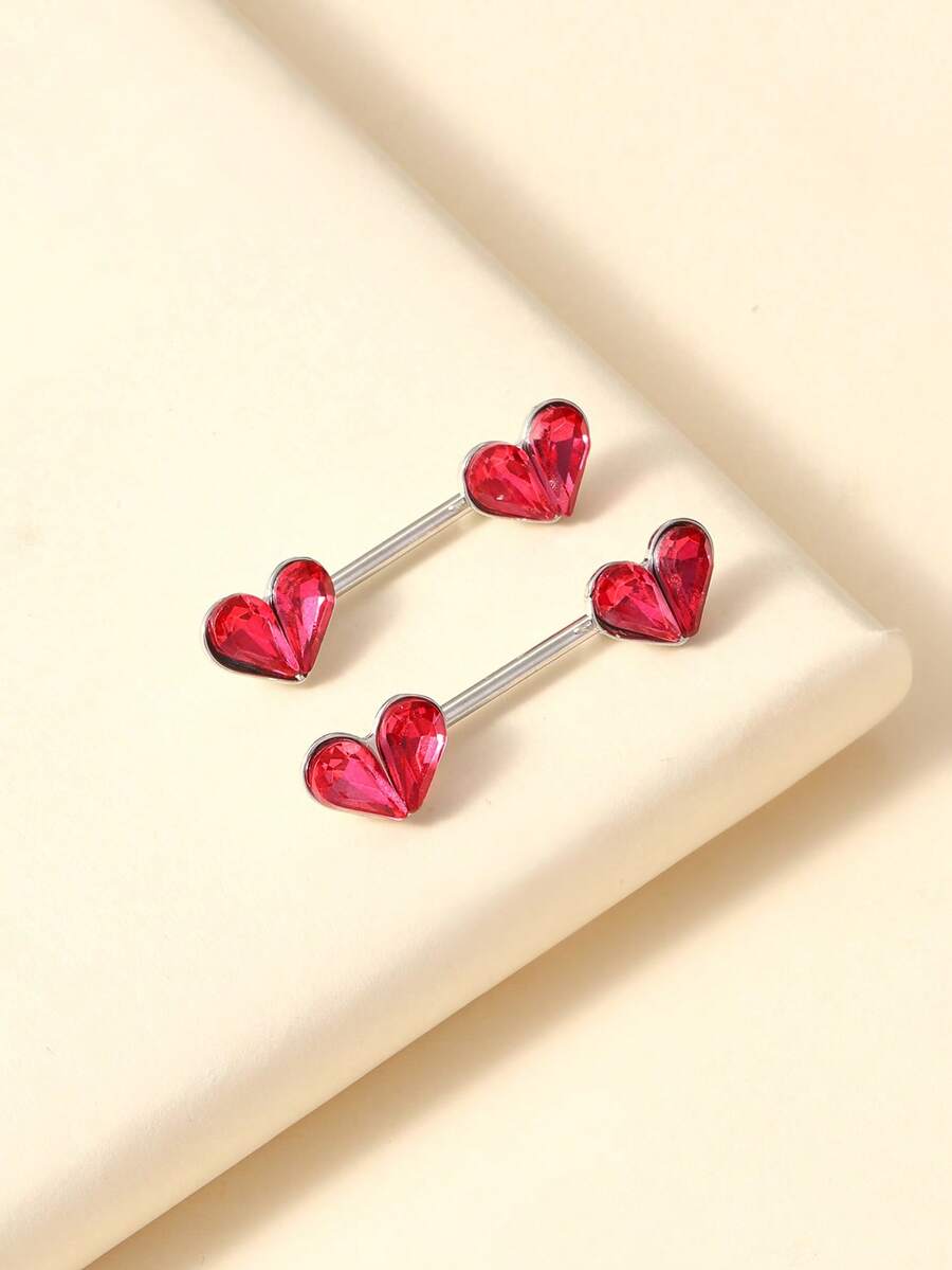 1 Cặp nhẫn núm vú đính đá Zirconia hình trái tim xanh, phong cách tối giản dành cho nữ - Đỏ - Xem 1