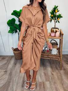 Women's Satin SIlky Button Down Ruched Shirt Dresses Short Sleeve Lapel V-Neck Belted Dress Elegant Spring Summer Wedding Evening Valentine Long Midi Dress - Màu kaki đỏ nhạt - Xem 2