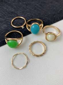 6pcs/Set Vintage Creative Personalized Geometric Faux Jade Stone Rings Set