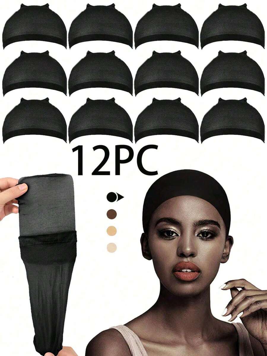 12PCS Black Wig Caps For Women And Men, Stretchy Nylon Stocking Caps With Closed End Mesh, Breathable & Secure Fit