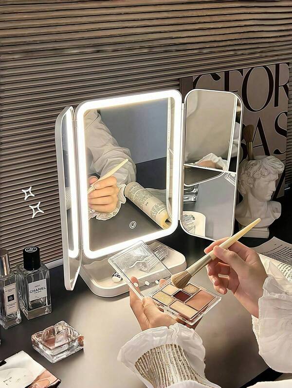 Three-Fold LED Makeup Mirror, Desktop Vanity Makeup Mirror With 3x/2x/1x Magnification,Portable HD Vanity Mirror Brightness Adjustment Folding Vanity Mirror With Stand & 3 Color Lighting, Foldable Tri-Fold Design, Rechargeable 4800mAh Battery, USB Charging,Travel, Lighted Mirror With Touch Screen Dimming For Cosmetic