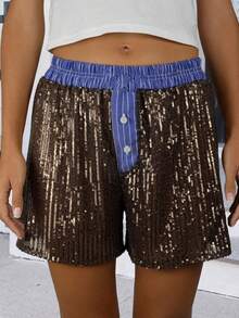 Women's Pajama Shorts Sparkly Sequined Striped Trim Low Rise Sleep Shorts For Summer - Brown - View 4