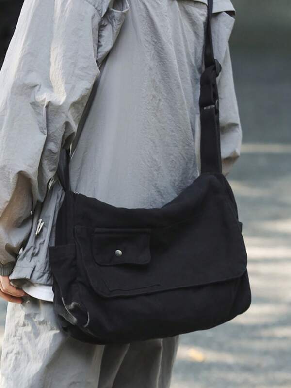 1 Piece Of Black Retro Minimalist Versatile Flip Shoulder Bag, Thickened Washed Canvas Bag, Casual Versatile Large Capacity American Mailman Bag, College Style Japanese College Student Class Bag, Short Distance Travel Bag, Minimalist Street Cloth Bag