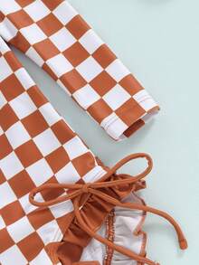 Girls Bikini Beach Swimwear Long Sleeve Checkerboard Print Ruffle Romper Bathing Suit - Brown - View 7