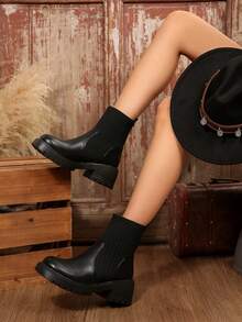 女士秋冬时尚黑色切尔西靴，复古弹力针织拼布短靴，舒适厚底靴，适合返校季、散步和日常穿着 - 黑色 - 查看 5