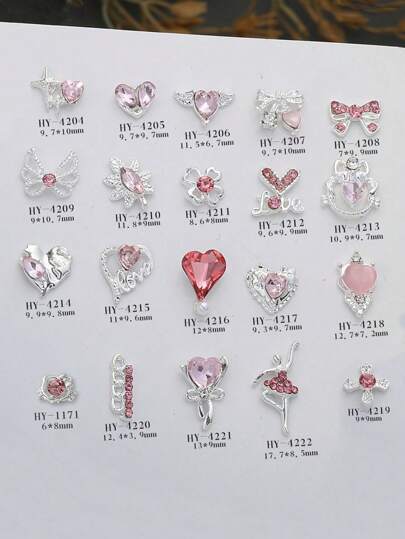 20 件轻奢银合金心形翅膀蝴蝶花朵指甲饰闪亮粉色水钻四角星芭蕾女孩美甲装饰 DIY 指甲宝石适用于亚克力压模指甲手机壳鞋子衣服包包美甲用品指甲饰