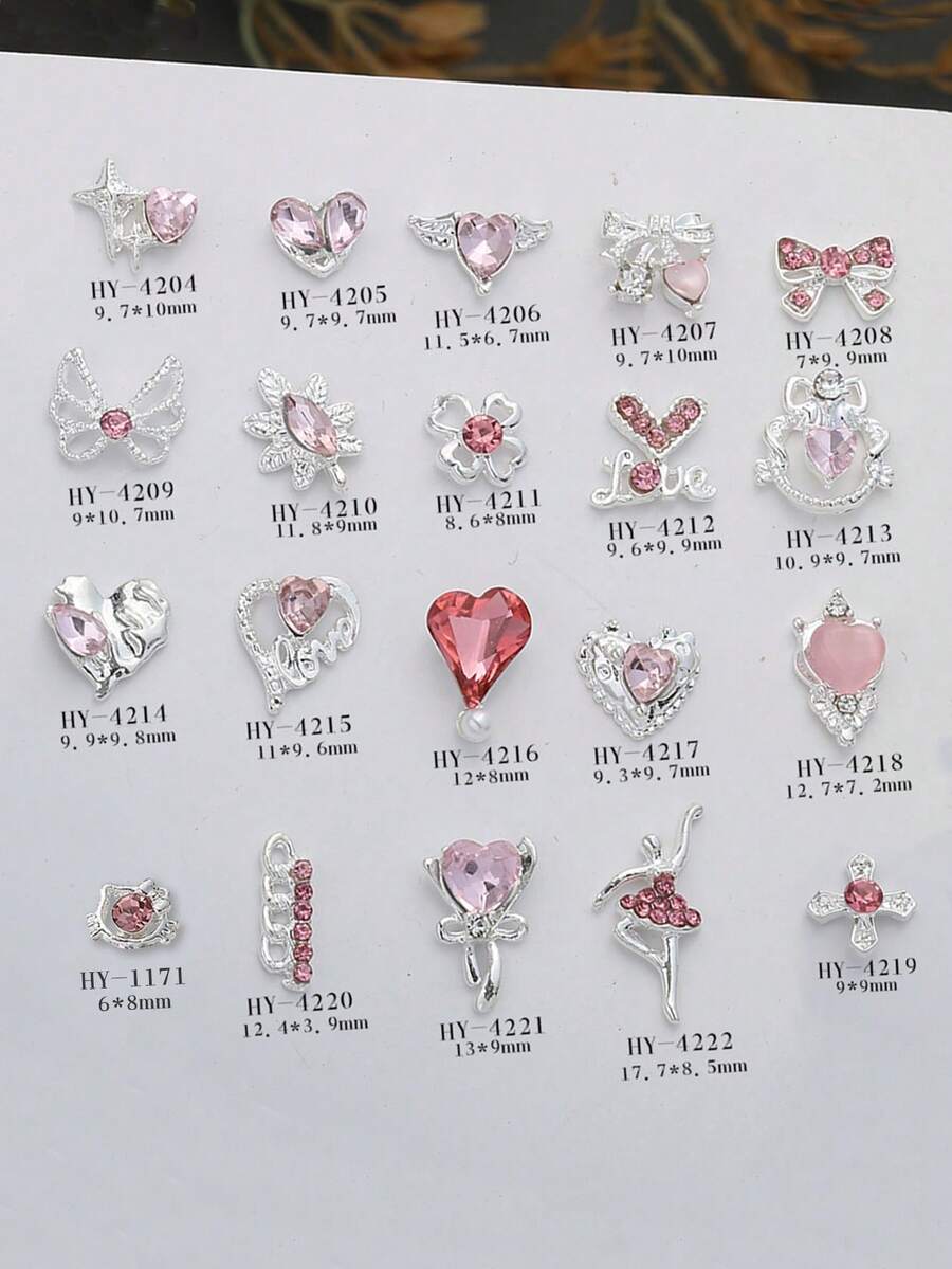 20 件轻奢银合金心形翅膀蝴蝶花朵指甲饰闪亮粉色水钻四角星芭蕾女孩美甲装饰 DIY 指甲宝石适用于亚克力压模指甲手机壳鞋子衣服包包美甲用品指甲饰