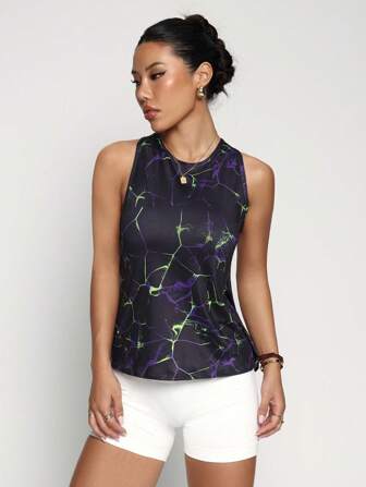 女式彩色印花无袖网眼拼接舒适运动针织背心