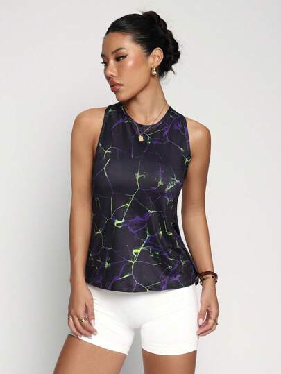 Women's Colorful Print Sleeveless Mesh Patchwork Comfortable Sports Knit Tank Top