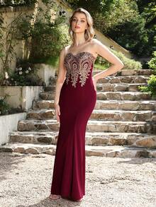 MisShow Women's Lace Applique Long Formal Mermaid Evening Prom Dresses - 酒紅色 - 查看 7