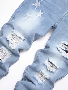 Men's Heavy Embroidered Five-Pointed Star Casual Couple Straight Jeans Ripped Distressed Slim Jeans For Women - Màu xanh lam - Xem 2