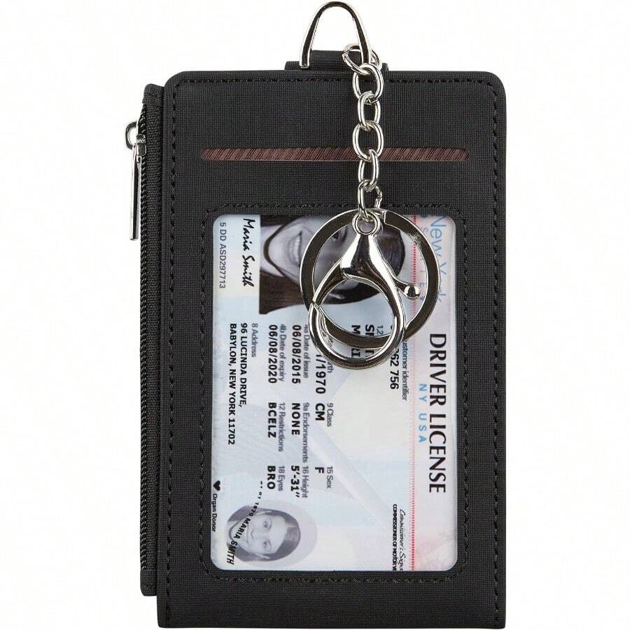 TLL  Women And Men Keychain Card Holder Case Zipper Slim Minimalist Front Pocket Wallet With 2 ID Window Black - 黑色01 - 查看 1