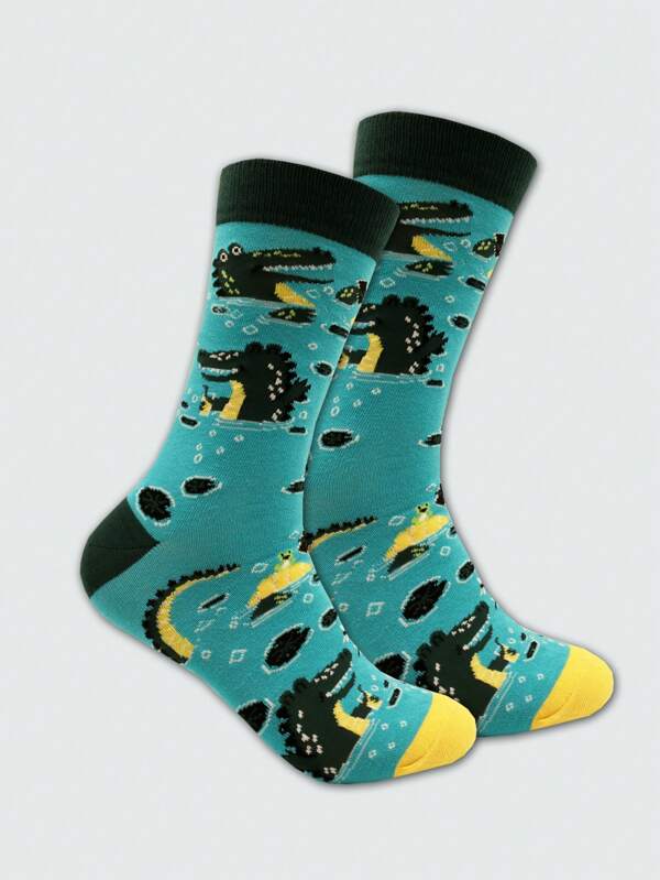 1 par de calcetines de media caña con gráfico de cocodrilo para hombres, calcetines con estampado de cocodrilo