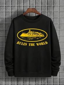 YUNCHIC - Men's Crew Neck Long Sleeve Sweatshirt, Casual & Versatile, Design For Spring & Autumn, Creative Letter & Graphic Print, Korean Minimalist Style, Suitable For Outdoor And Indoor Wear - Black - View 2