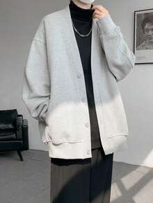 Men's Waffle Cardigan, Open-Front Jacket, Lightweight Outerwear, Long Sleeve, Solid Color, Hooded, Button-Up, Plus Sizes, Perfect For Spring, Fall, And Winter, Loose Fit