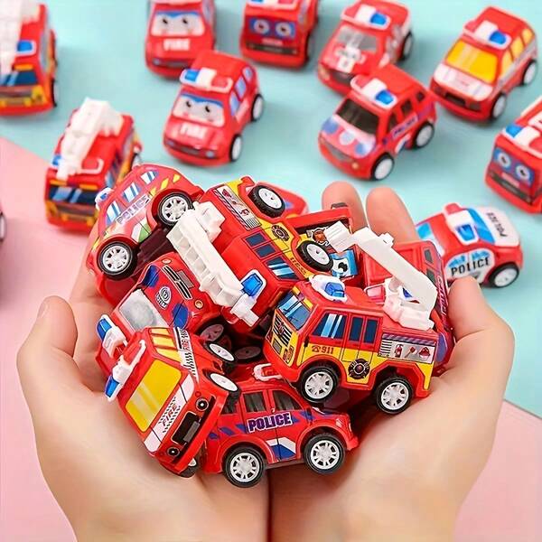6/12pcs Cartoon Mini Pull-Back Fire Truck Car Toys Birthday Party Gift Pack Reward, Classroom Rewards, Christmas Small Gifts, No Battery Required Color Random