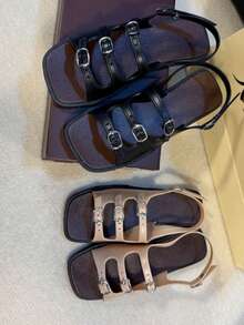 2025 Summer New Khaki Low-Top Women's Sandals, Multi-Strap Buckle Closure, Retro French Chic Beach Shoes, Soft Flat Roman Sandals, Fashionable Party Slippers, Comfortable Casual Home Shoes, Suitable For Christmas, Parties, Festivals (Run Small By 1 Size) - Khaki - View 6