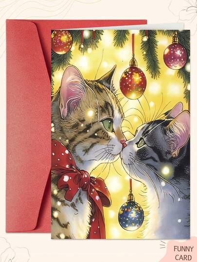 1 PIEZA Tarjeta de Navidad linda con sobre - Diseño exquisito de gatos besándose con decoraciones festivas - Perfecta para amigos, familia y amantes de los gatos, una tarjeta de celebración navideña cálida
