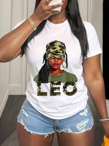 Vibrant Leo Tee, Plus Size Women's Casual Short Sleeve T-Shirt With 
Leo Playful Graphic, Christmas & Birthday Present Perfect Gift For Leo Women, Allseason Top Zodiac Tshirt, Big Leo Energy August Leo Birthday Girl Tee - trắng - Xem 1