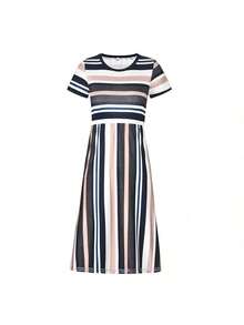Young Girl Striped Round Neck Short Sleeve Casual Dress, For Holiday And Party Wear - Pink - View 5