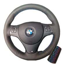 Volante de coche de cuero negro completo, funda de cuero suave trenzada para BMW E81 E90 Pack M Sport M3 E91 E92 E93 E87 E82 E88 X1 E84 - Tres hilos - Ver 13