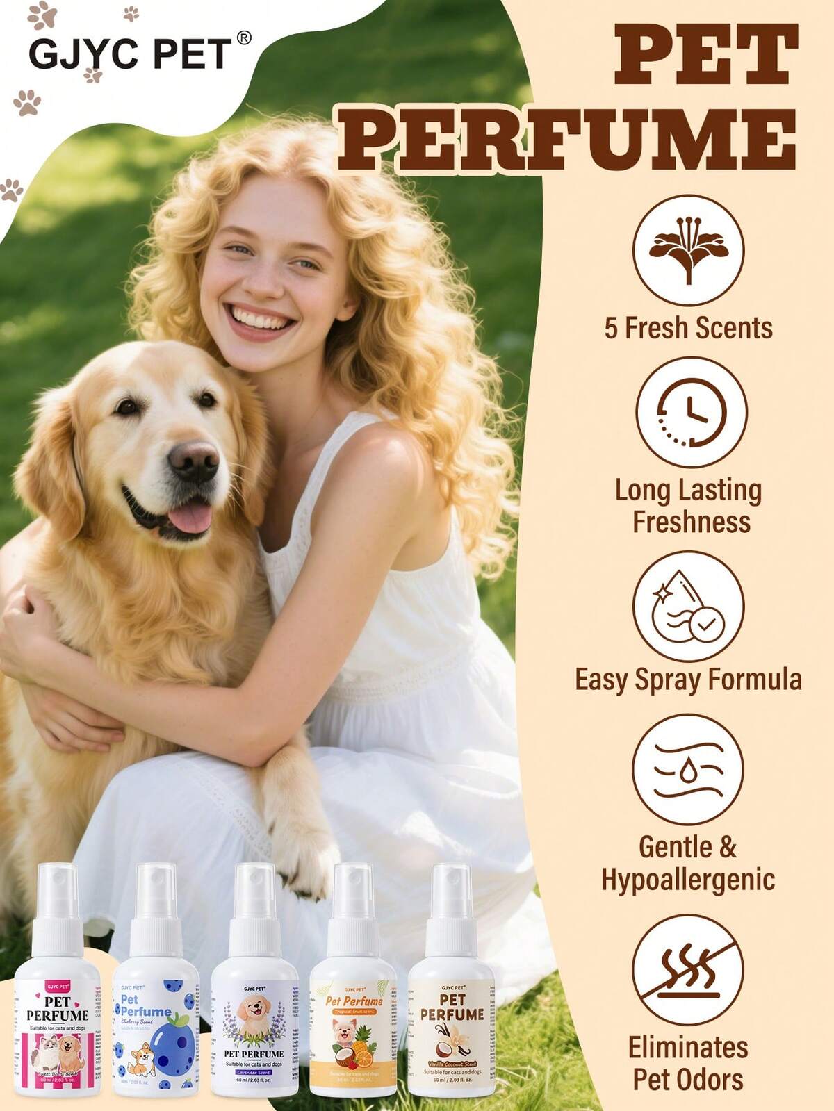 GJYC PET Parfum pour animaux de compagnie pour chiens et chats | 2,03 oz liq, fragrance longue durée, formule approuvée par les vétérinaires | Spray désodorisant multi-parfums 5