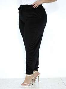 Women's Plus Size Plain Velvet Jogger Pants Comfortable Elastic - 黑色 - 查看 6