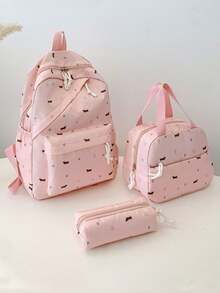 3pcs/Set Cartoon Puppy Print Backpack Set, Includes Backpack, Lunch Bag And Pencil Case, With Laptop Compartment, Adjustable Shoulder Straps, Multi-Pocket Large Capacity, Multifunctional Bookbag Set, Suitable For Women/Girls/Teens/College Students/Graduates, For Daily Use/Vacation/Travel/Back To School - Pink - View 4