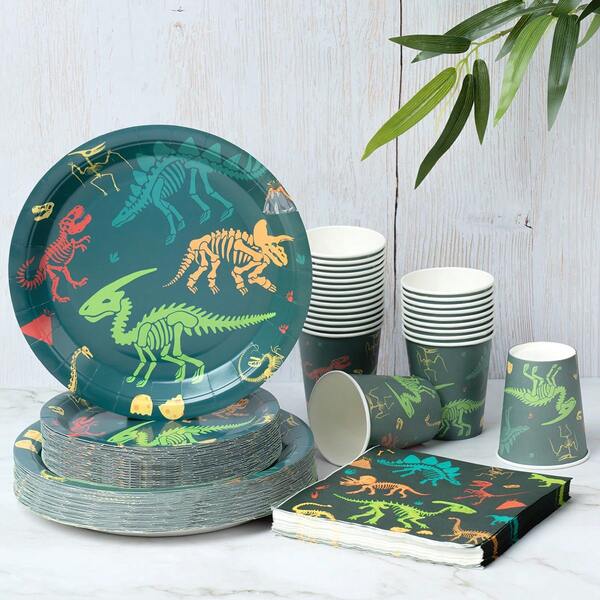 10 piezas/25 piezas/55 piezas Platos, vasos y servilletas desechables con temática de fósiles de dinosaurio, platos, vasos y servilletas con temática de astronauta, suministros para fiestas, adecuados para cumpleaños, bodas, fiestas, picnics familiares. Juego de cubiertos desechables reutilizables (7 pulgadas, 9 pulgadas, 9 onzas)
