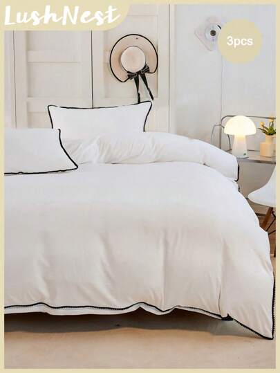 White Queen Duvet Cover Set Black Pom Pom Bedding Shabby Chic Pom-Pom Balls Decor Farmhouse Bedding Super Soft Breathable Black White Duvet Cover Set