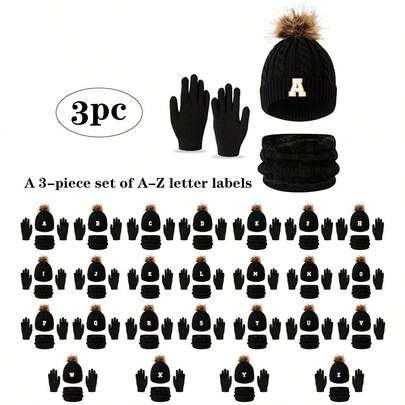3pcs/Set Kids Cute Letter A-Z Beanie, Scarf And Gloves Combo, Regular Style