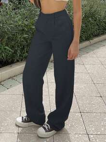 MYOURSA Quần ống đứng dáng ôm, xếp ly phía trước, màu trơn, dành cho nữ. - Màu xám đen - Xem 3