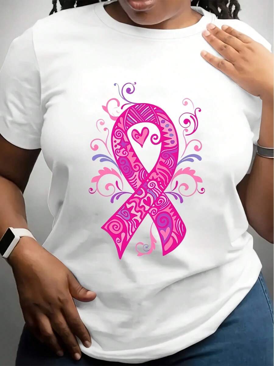 Women's Breast Cancer Awareness Graphic Print Tee - Pink Ribbon Design, Short Sleeve Casual Shirt, Breathable Polyester Blend For Everyday Summer Wear (15), Summer Tshirt Pullover Shirt Machi - trắng - Xem 1
