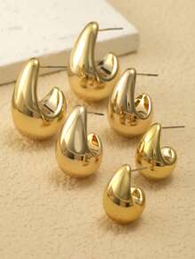 6-24pcs Large Water Drop/Teardrop Hoop Earrings Set, Twisted Stripe C-Shape Earrings For Women, Gold Plated - Yellow Gold - View 4