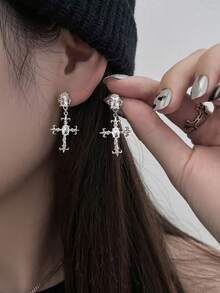 1 Pair Punk Rock Style Cross Pendant Earrings, Unique Black Artificial Crystal Earrings For Women - Silver - View 8